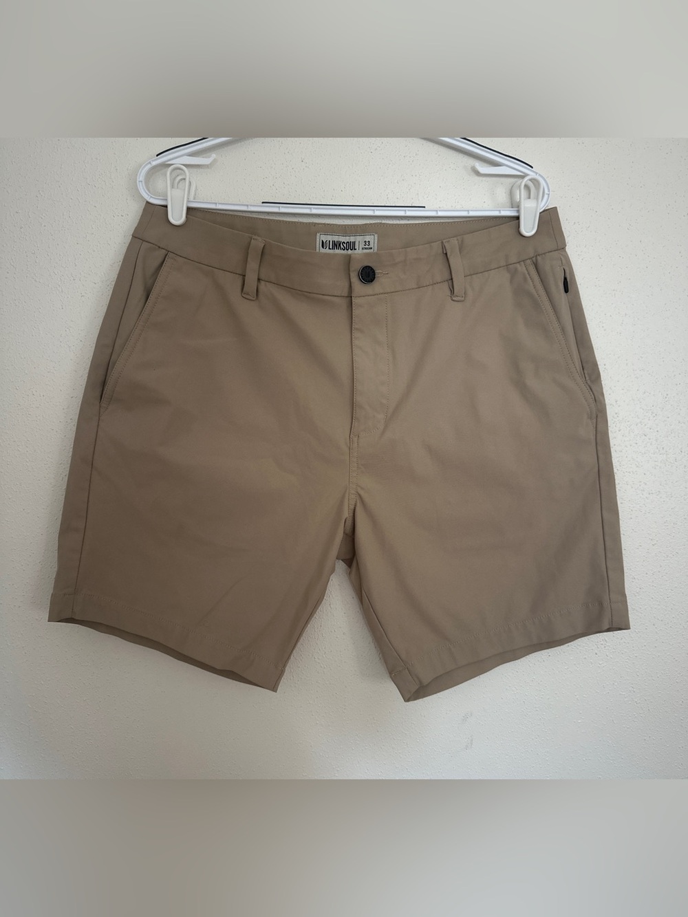 Linksoul Camino Shorts Men’s 33 Khaki Beige 8” Inseam Performance Golf Hiking